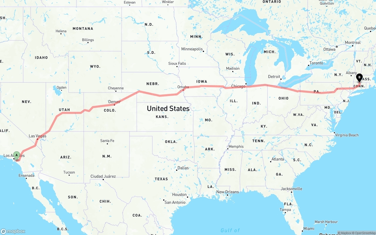 Shipping route from Anaheim to Bradley International Airport