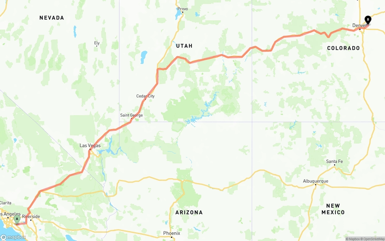 Shipping route from Anaheim to Denver International Airport