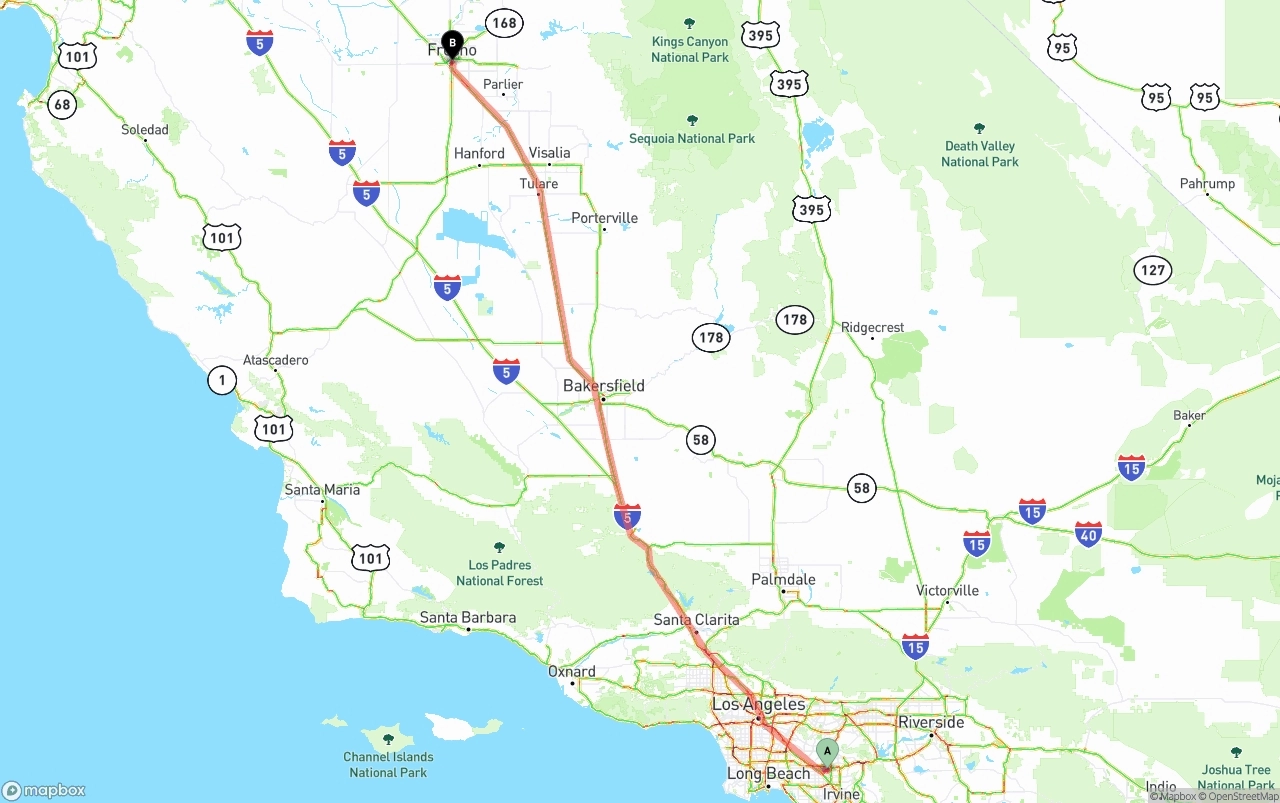 Shipping route from Anaheim to Fresno