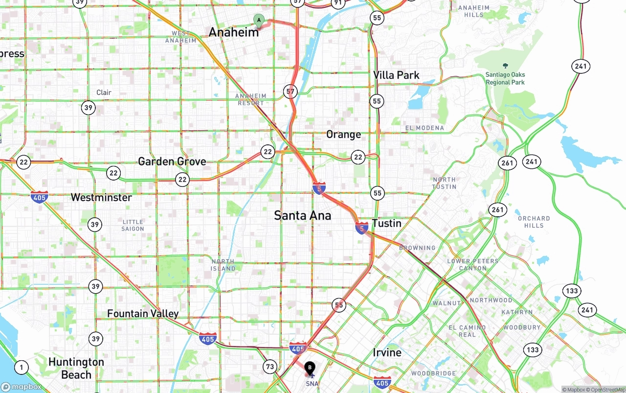 Shipping route from Anaheim to John Wayne Airport — Orange County