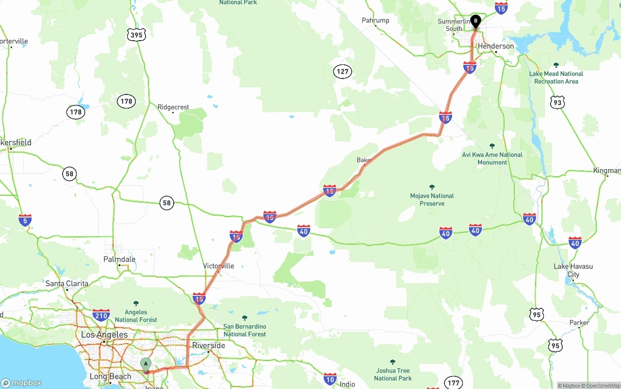 Shipping route from Anaheim to Las Vegas