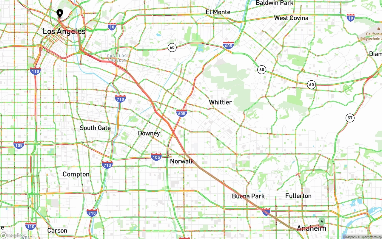 Shipping route from Anaheim to Los Angeles