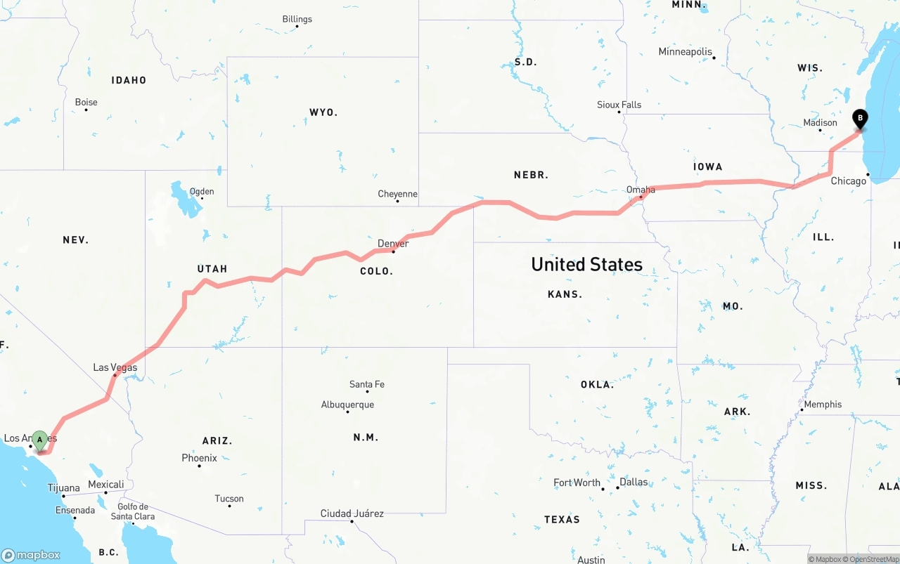 Shipping route from Anaheim to Milwaukee
