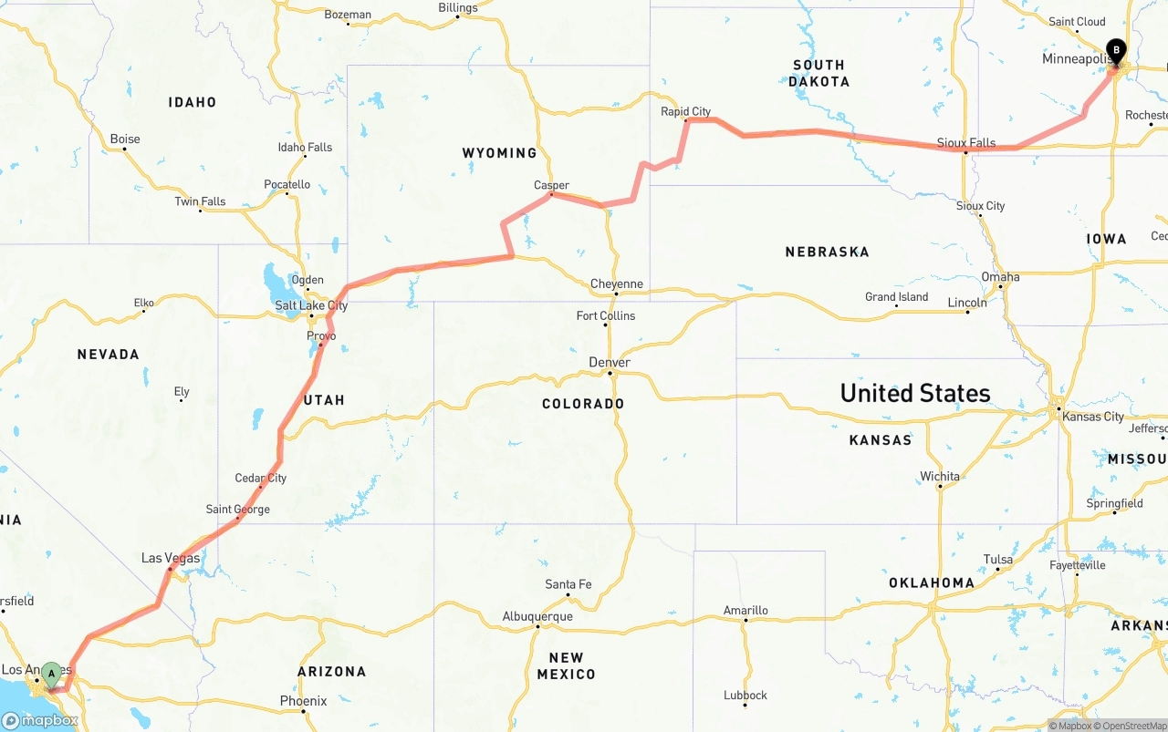 Shipping route from Anaheim to Minneapolis