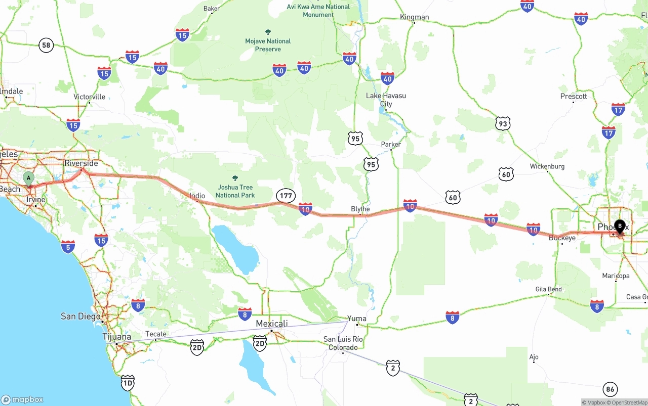 Shipping route from Anaheim to Phoenix Sky Harbor International Airport