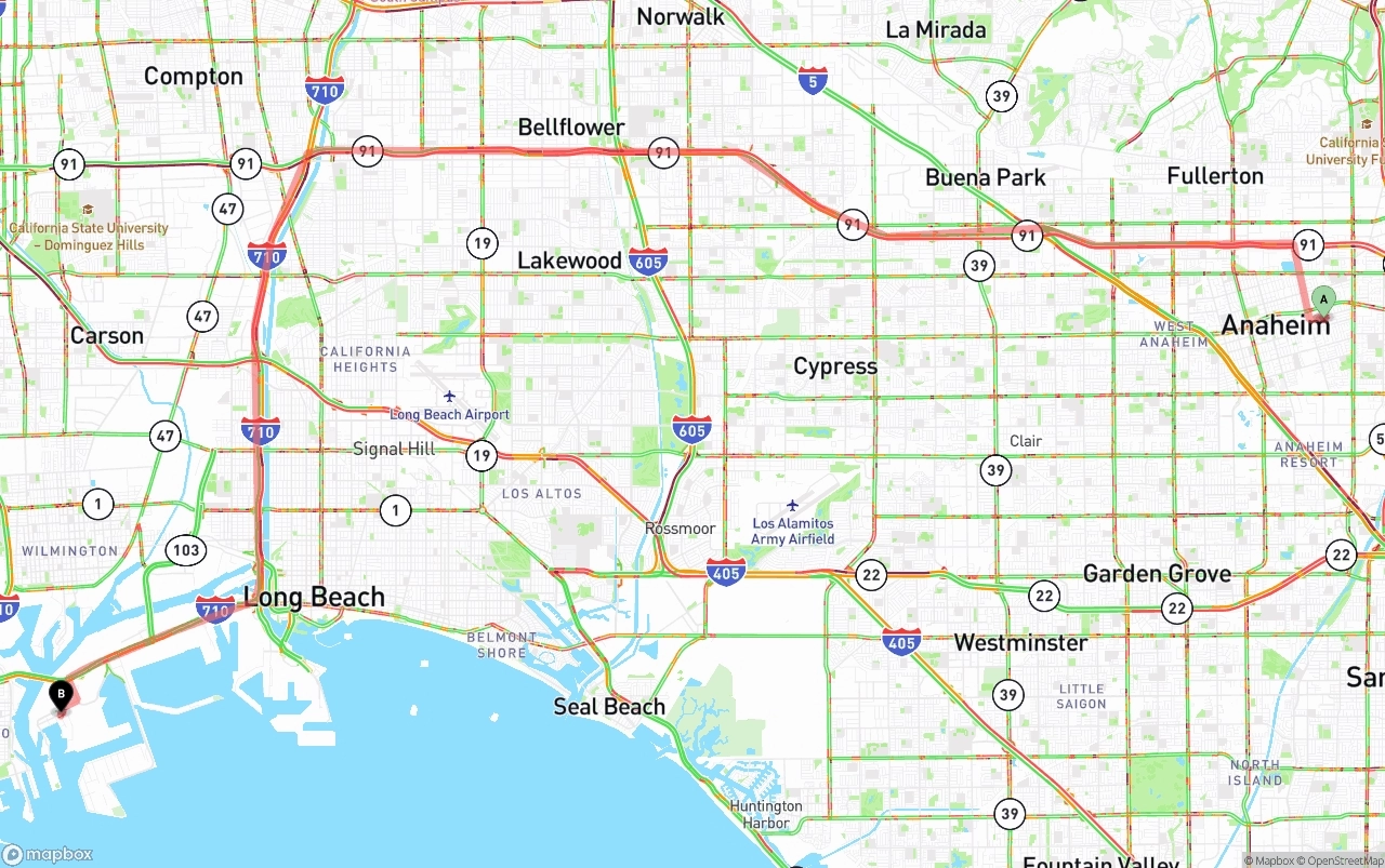 Shipping route from Anaheim to Port of Los Angeles