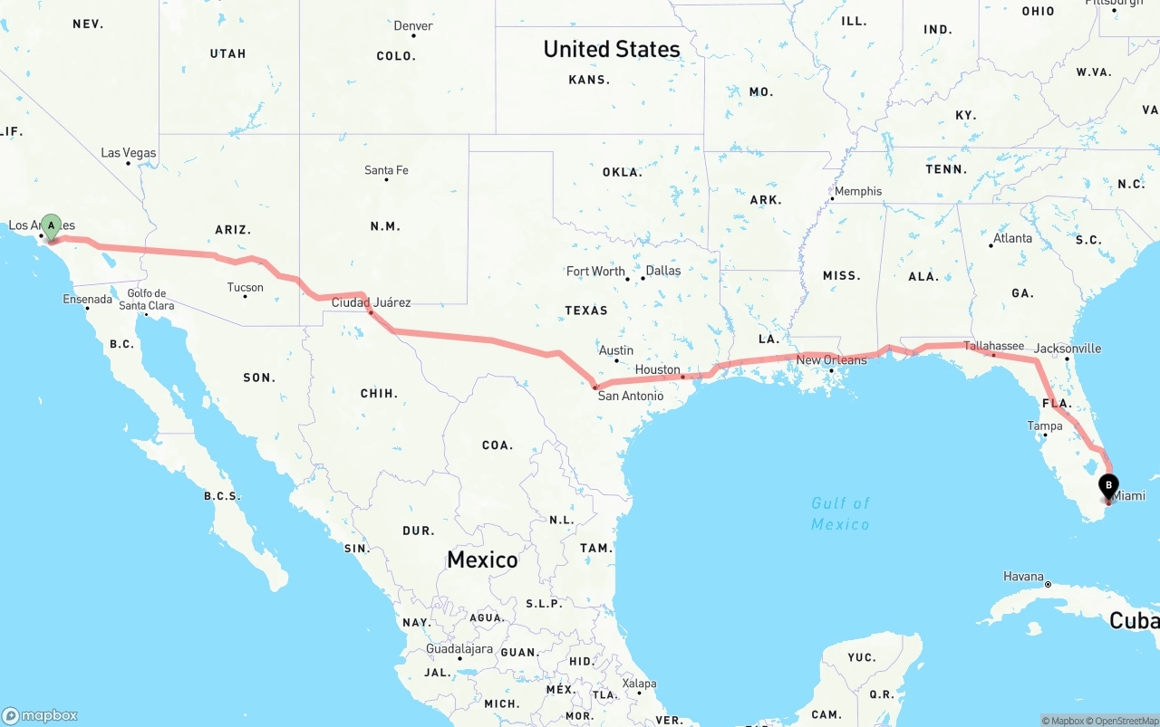 Shipping route from Anaheim to Port of Miami