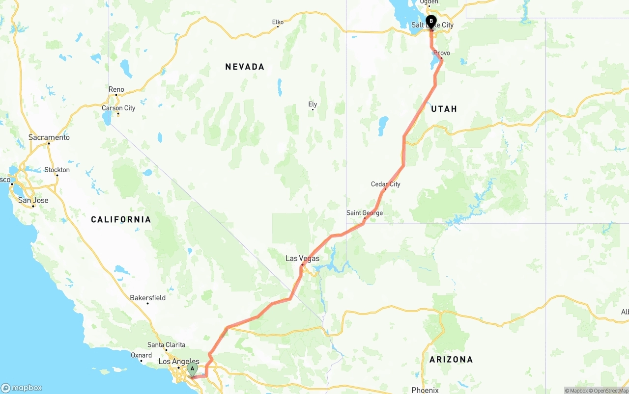 Shipping route from Anaheim to Salt Lake City