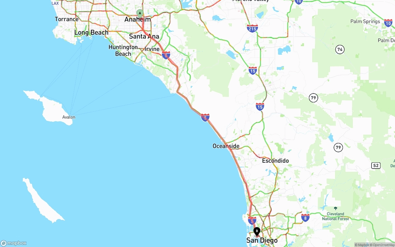 Shipping route from Anaheim to San Diego International Airport