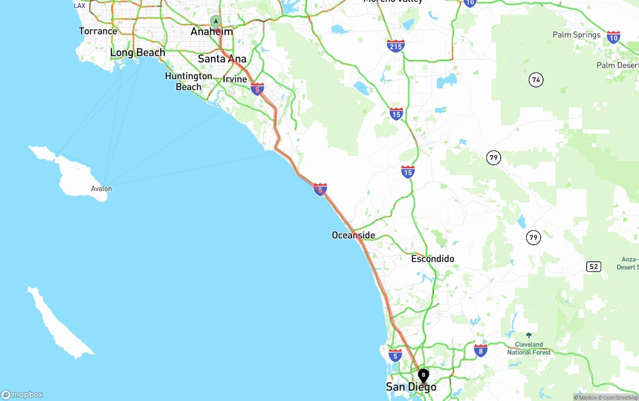 Shipping route from Anaheim to San Diego