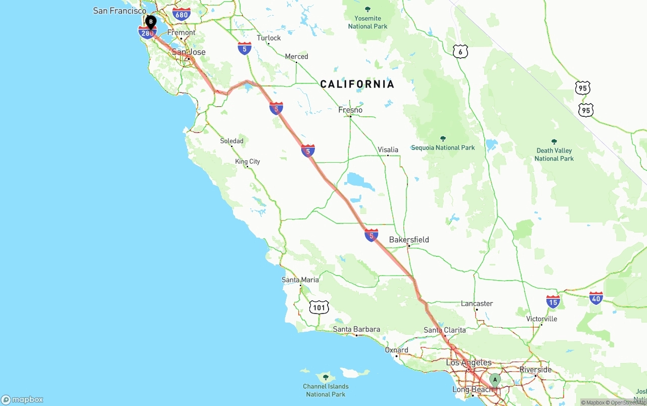 Shipping route from Anaheim to San Francisco International Airport