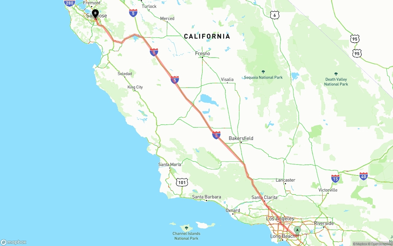 Shipping route from Anaheim to San Jose