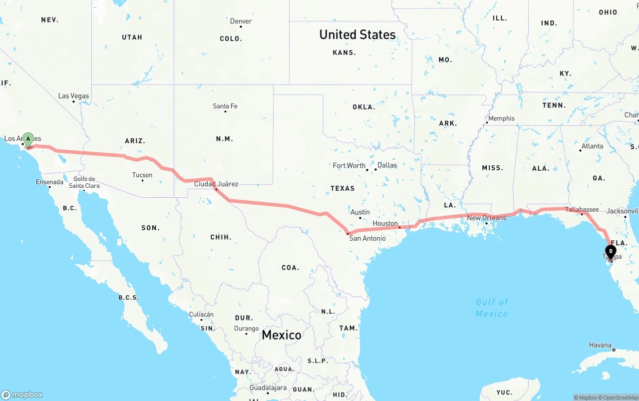 Shipping route from Anaheim to Tampa International Airport