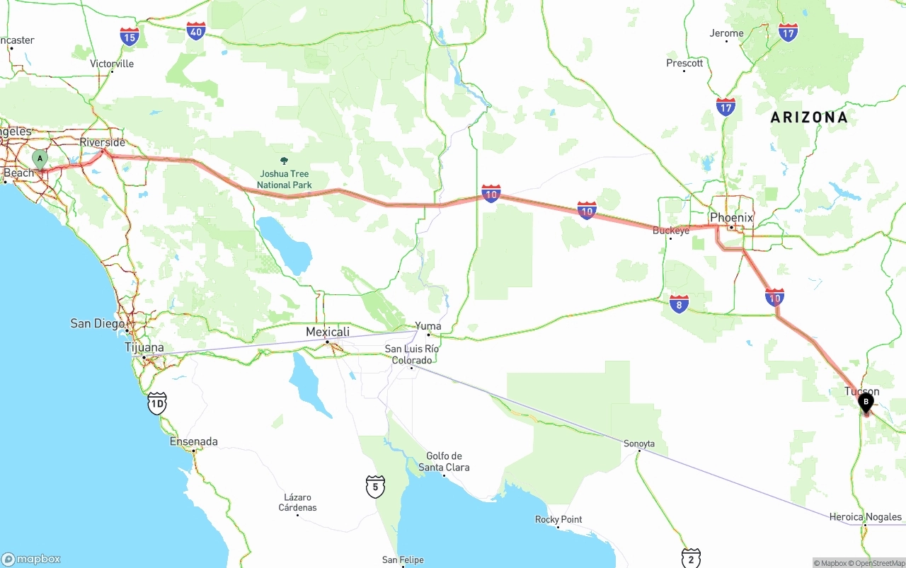 Shipping route from Anaheim to Tucson International Airport