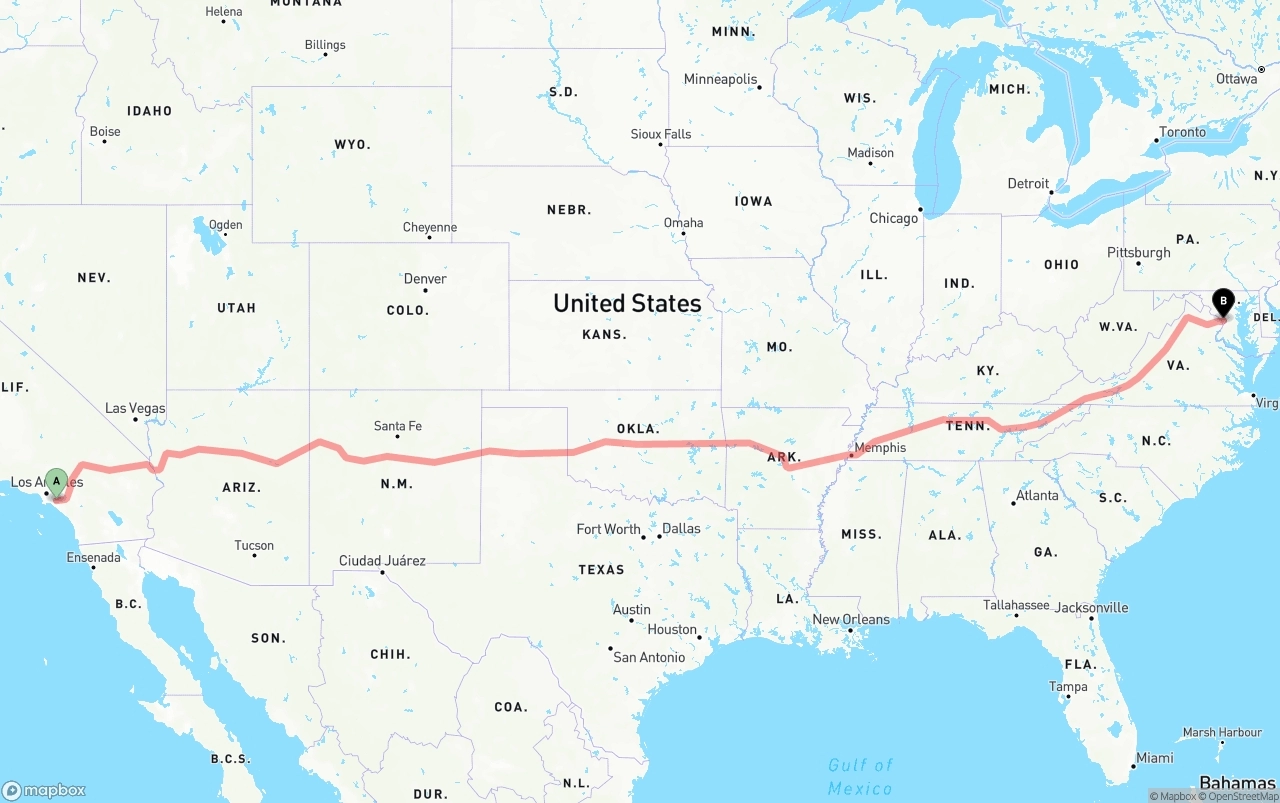 Shipping route from Anaheim to Washington D.C.