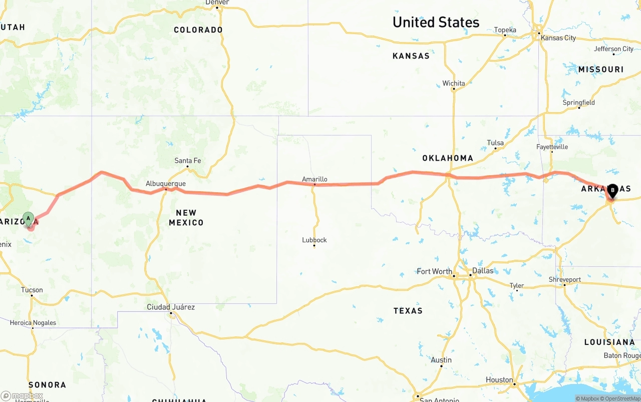 Shipping route from Arizona to Arkansas