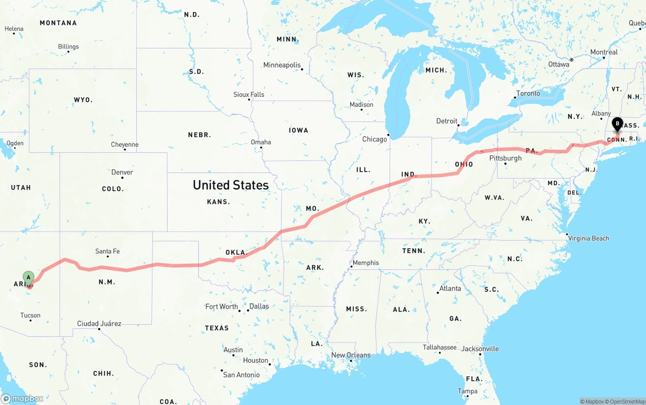 Shipping route from Arizona to Bradley International Airport