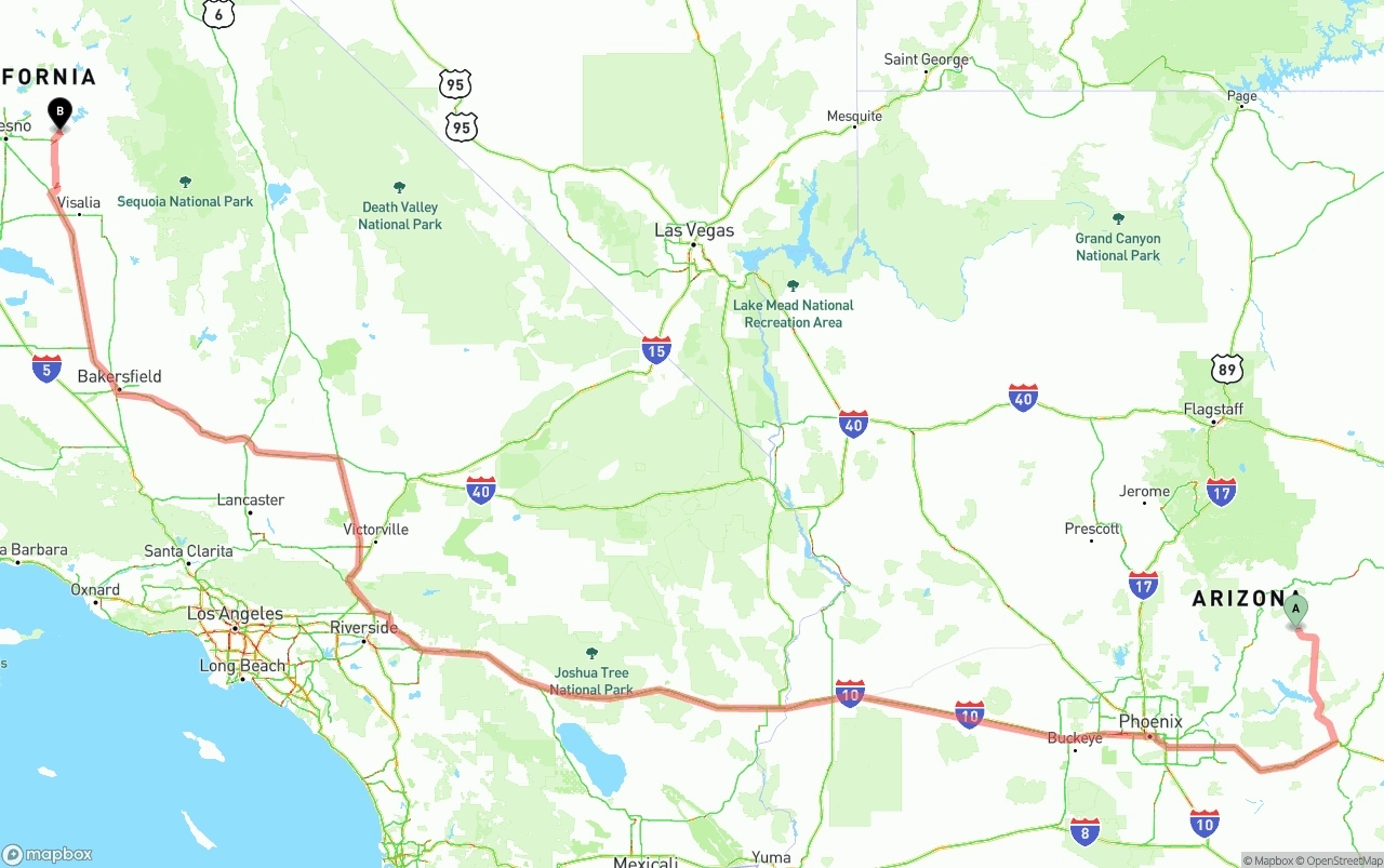 Shipping route from Arizona to California