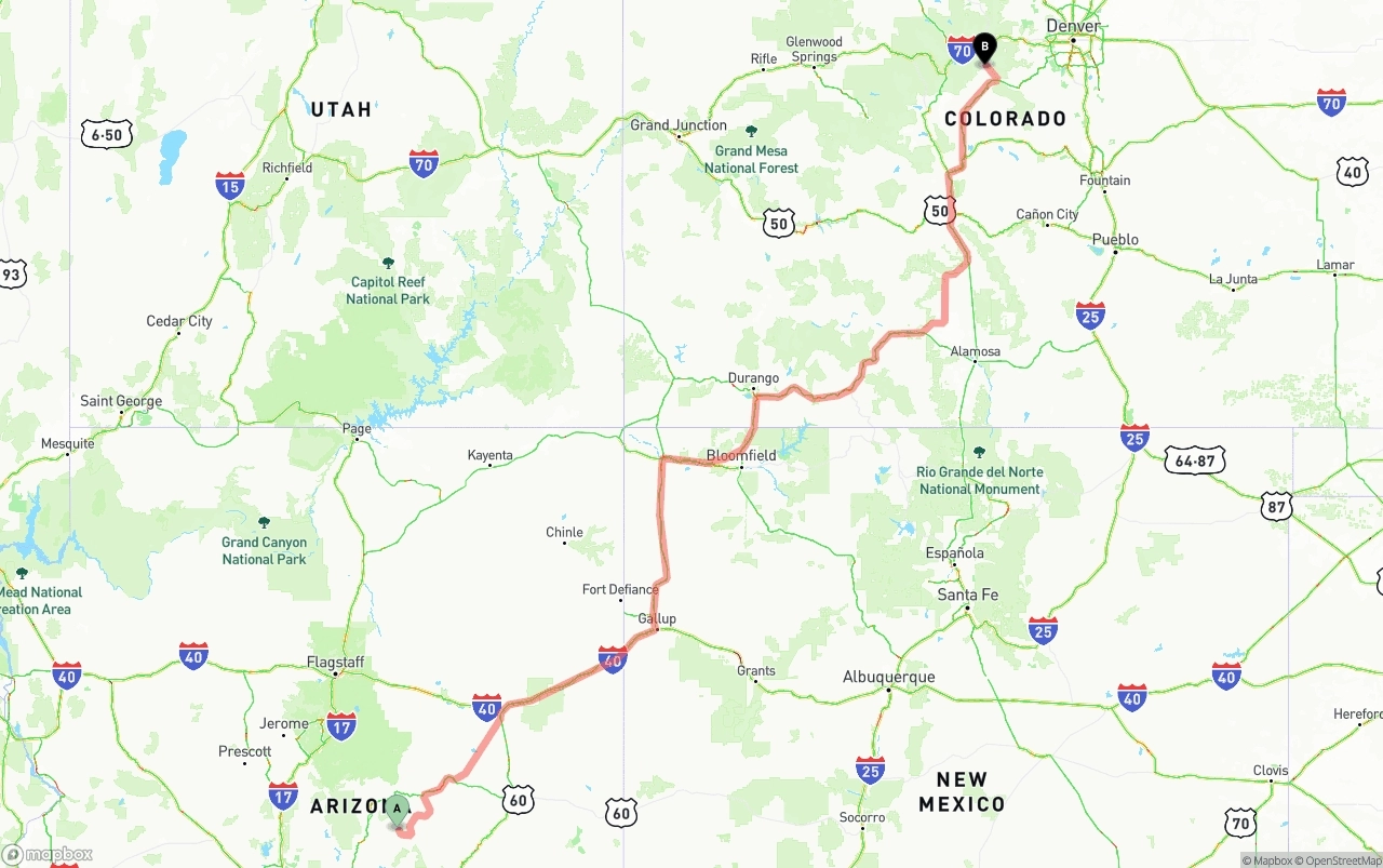 Shipping route from Arizona to Colorado