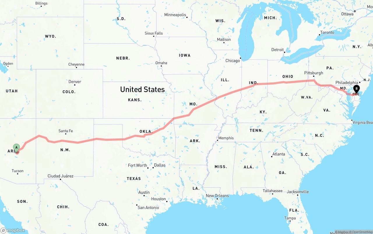 Shipping route from Arizona to Delaware