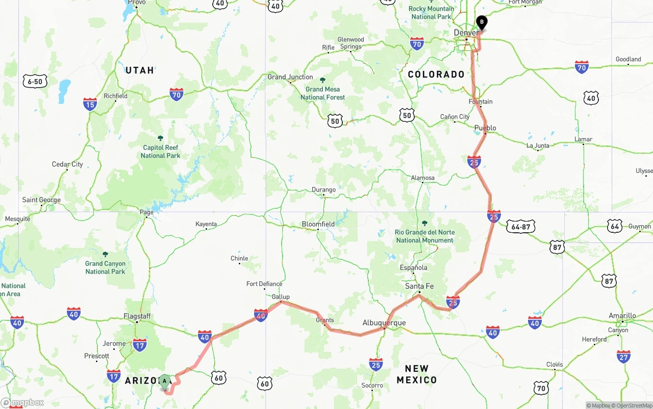 Shipping route from Arizona to Denver International Airport