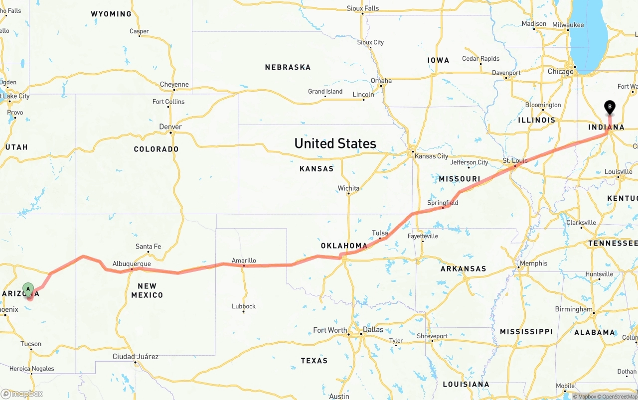 Shipping route from Arizona to Indiana