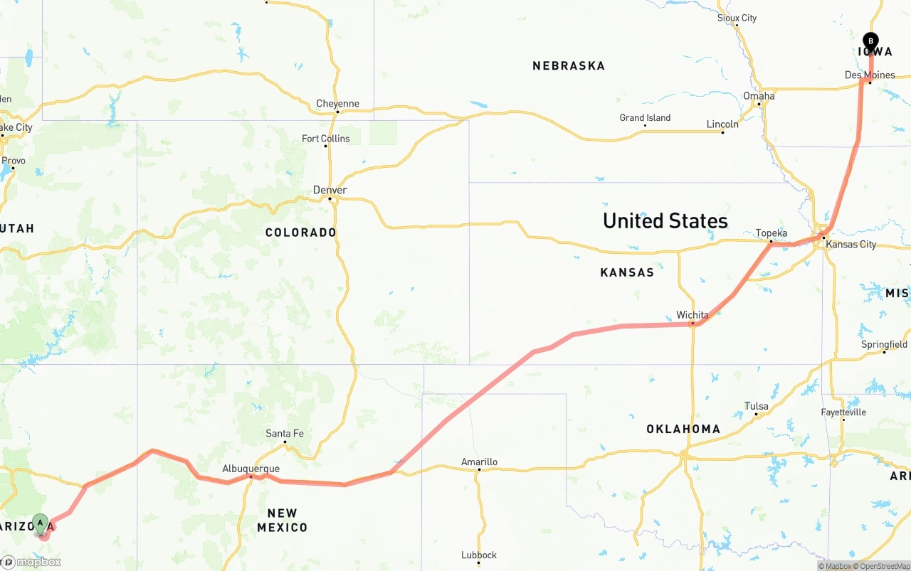 Shipping route from Arizona to Iowa