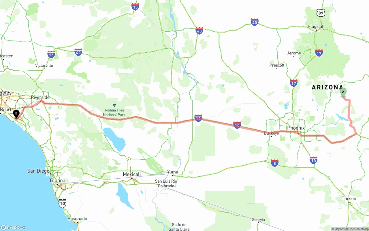 Shipping route from Arizona to John Wayne Airport — Orange County