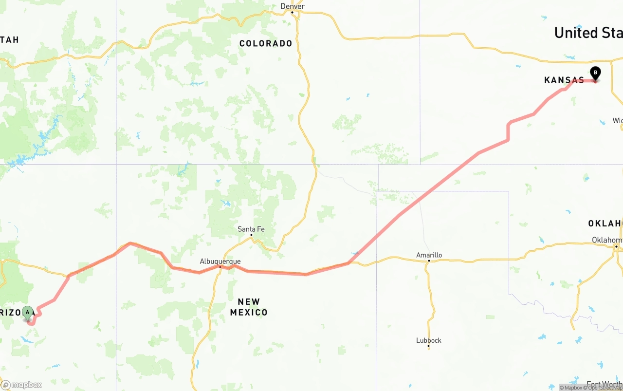 Shipping route from Arizona to Kansas