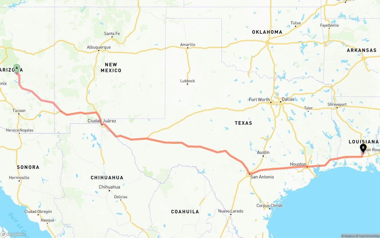 Shipping route from Arizona to Louisiana