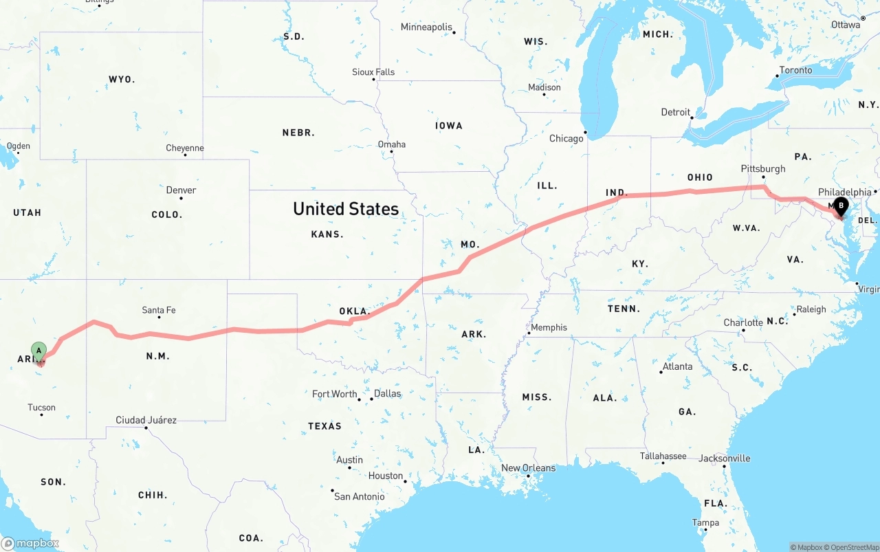 Shipping route from Arizona to Maryland