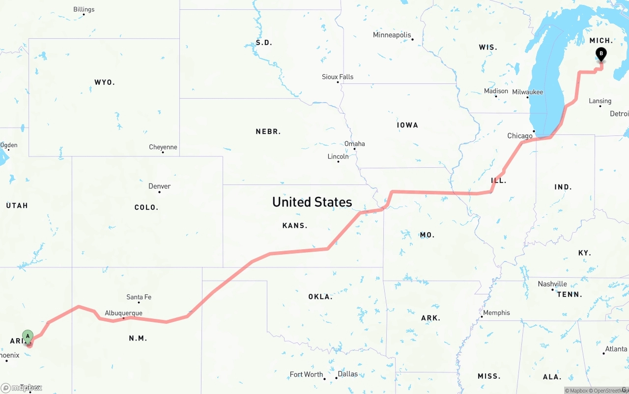 Shipping route from Arizona to Michigan