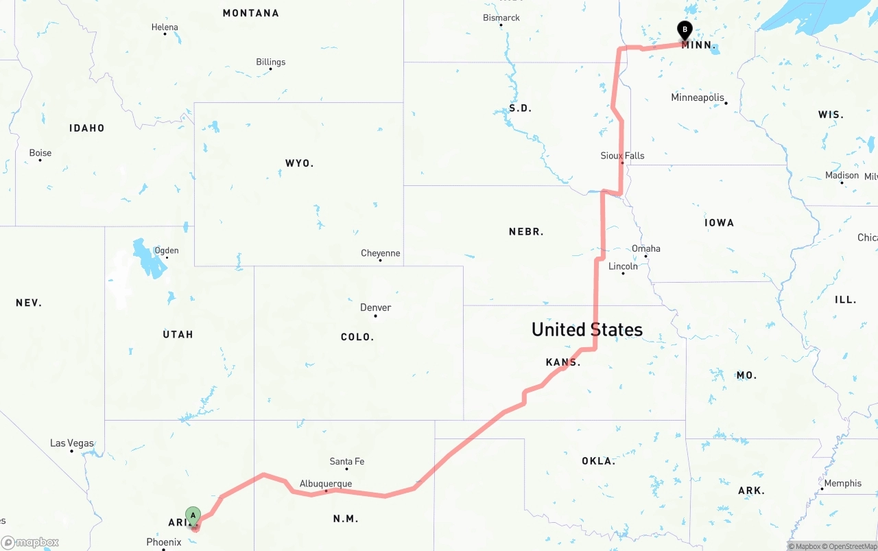 Shipping route from Arizona to Minnesota