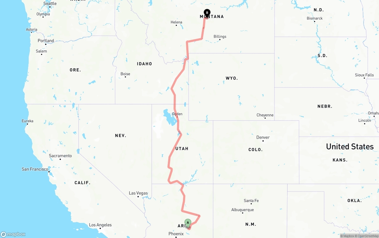 Shipping route from Arizona to Montana