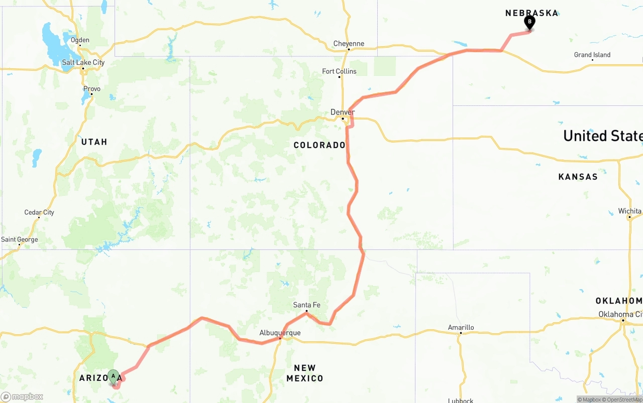 Shipping route from Arizona to Nebraska