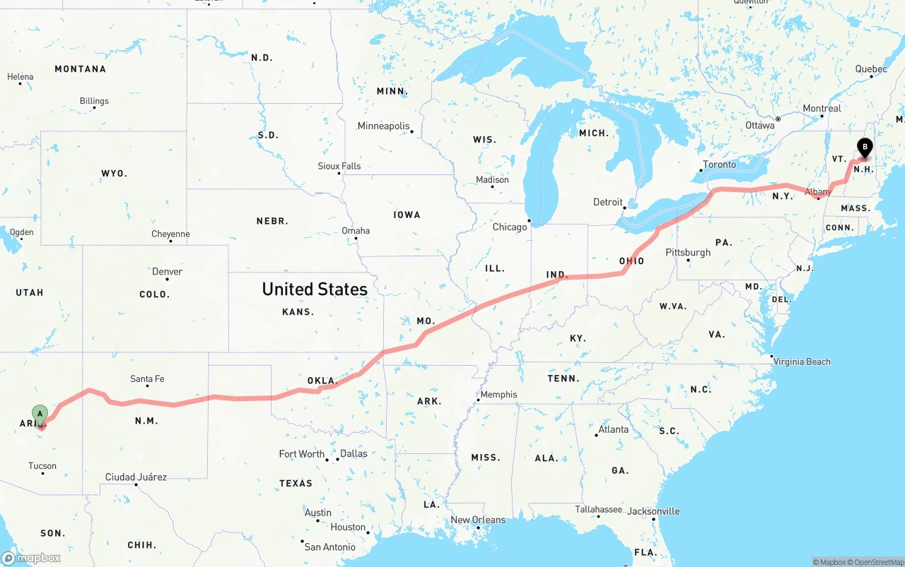 Shipping route from Arizona to New Hampshire