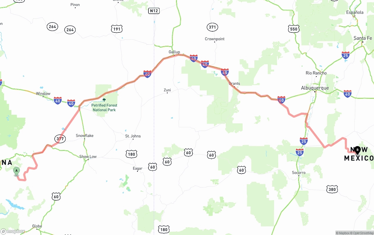 Shipping route from Arizona to New Mexico
