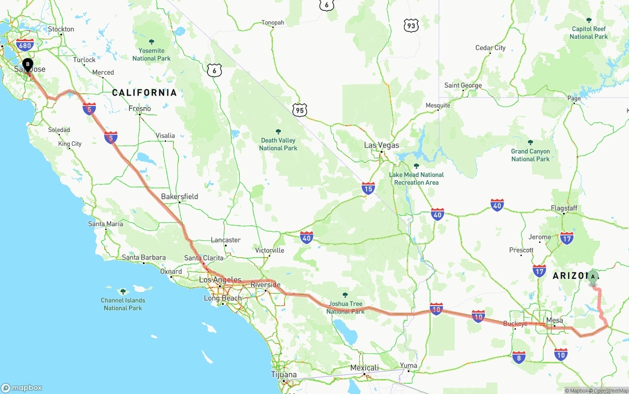 Shipping route from Arizona to Norman Y. Mineta San Jose International Airport