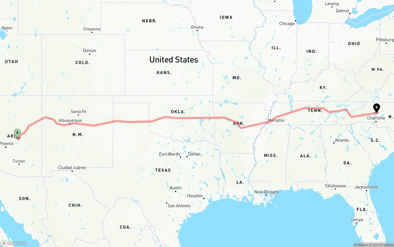 Shipping route from Arizona to North Carolina
