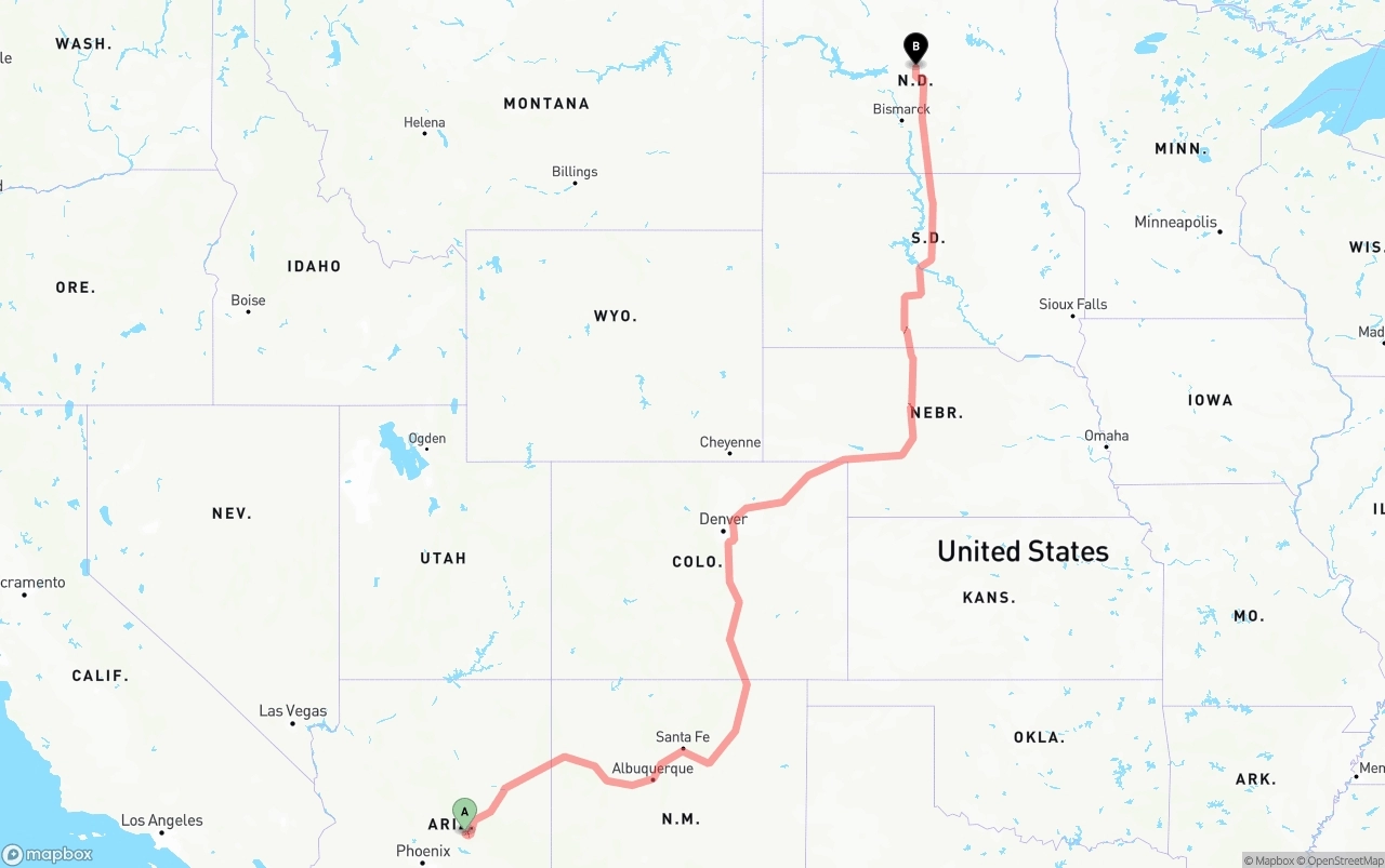Shipping route from Arizona to North Dakota