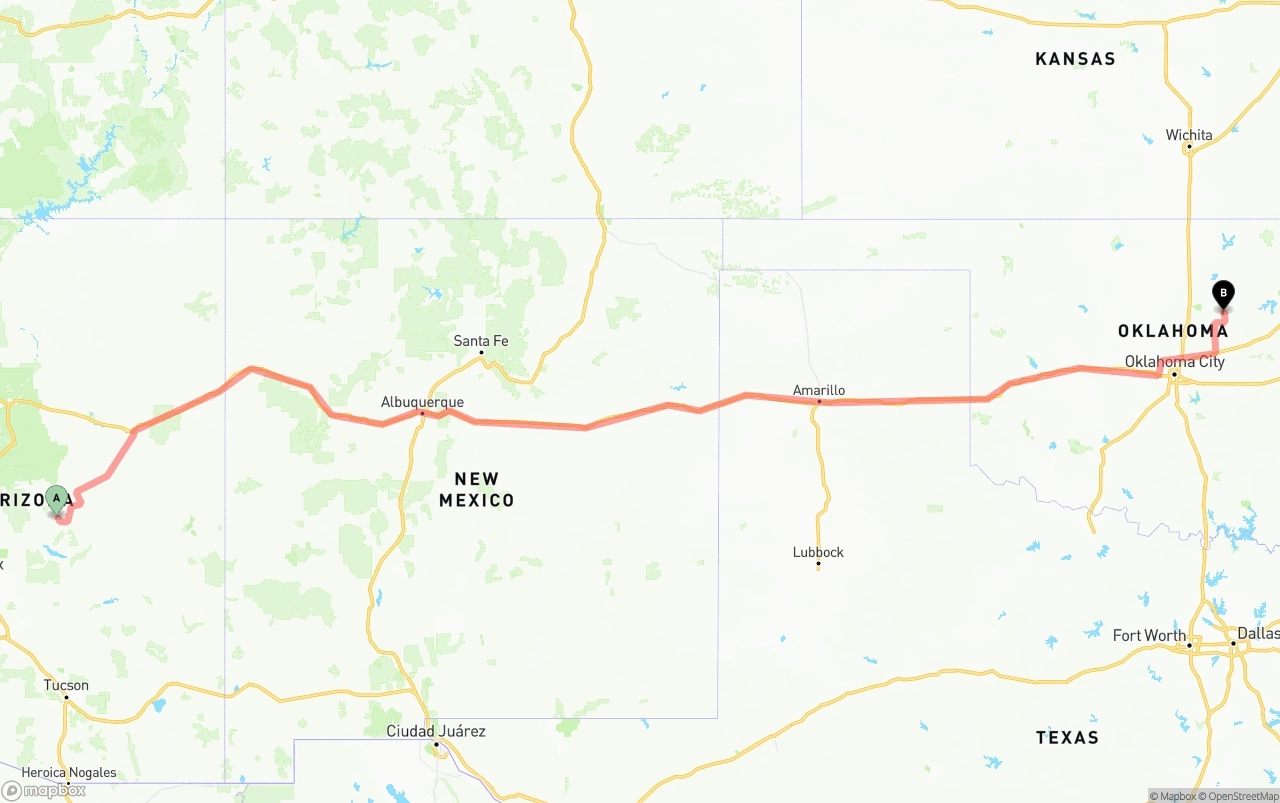 Shipping route from Arizona to Oklahoma