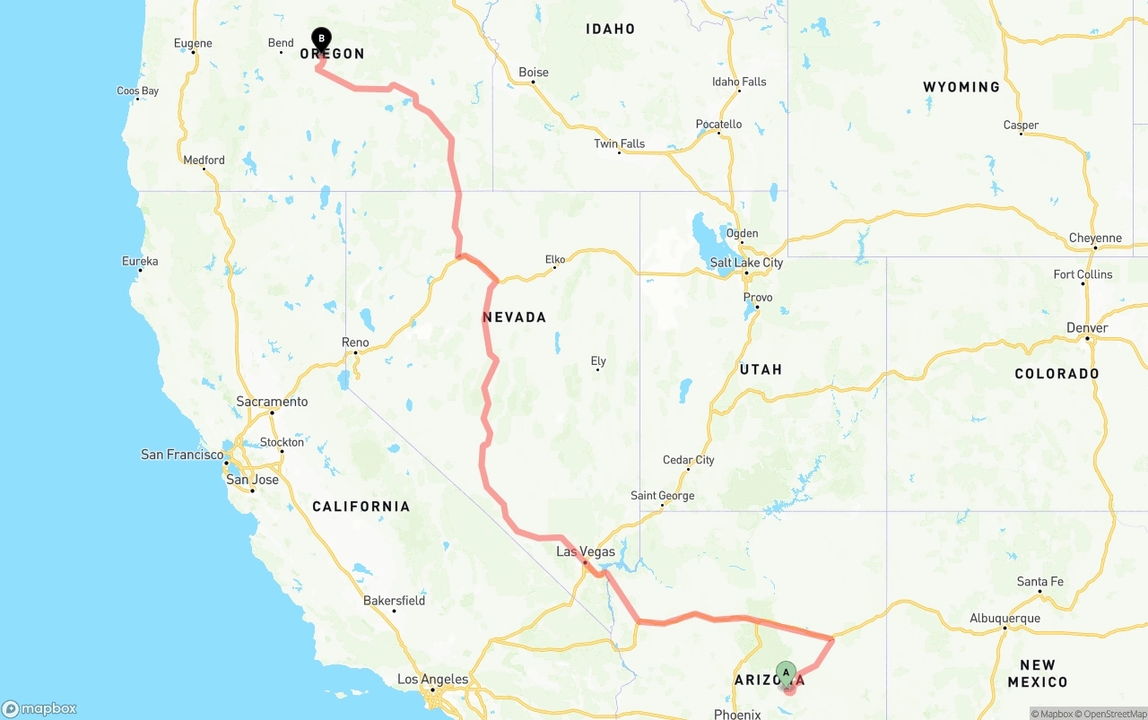 Shipping route from Arizona to Oregon