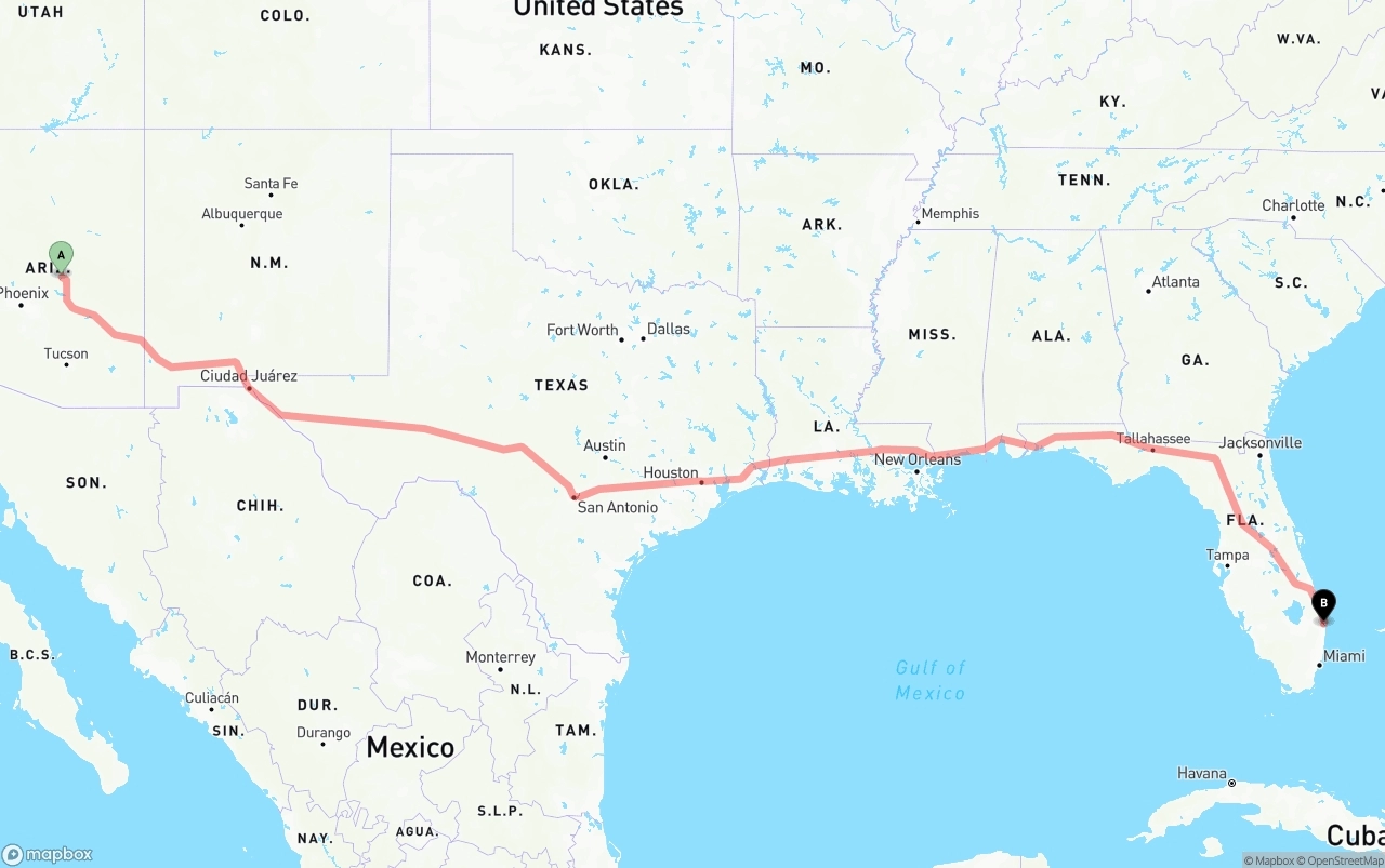Shipping route from Arizona to Palm Beach International Airport