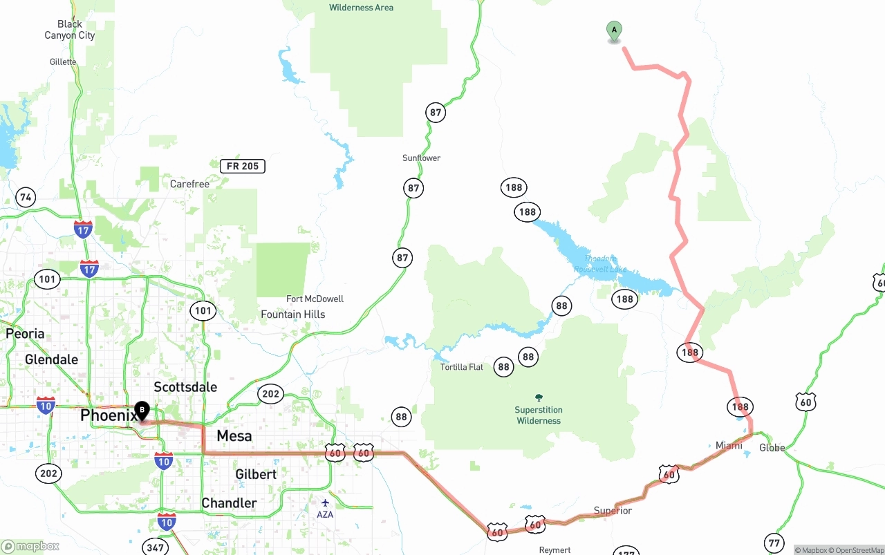 Shipping route from Arizona to Phoenix Sky Harbor International Airport