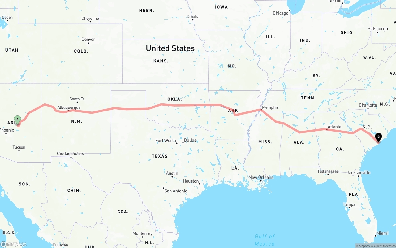 Shipping route from Arizona to Port of Charleston