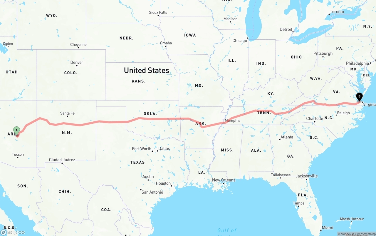 Shipping route from Arizona to Port of Norfolk