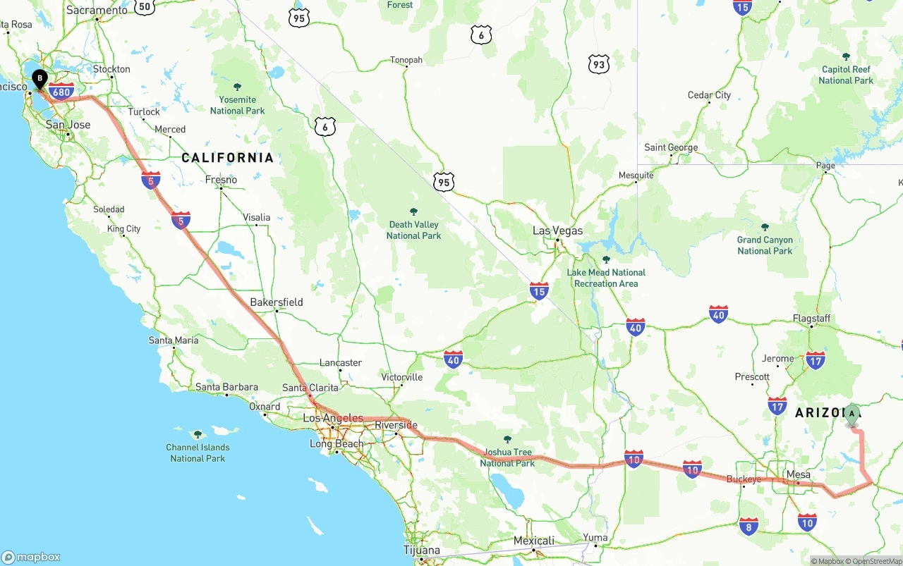 Shipping route from Arizona to Port of Oakland