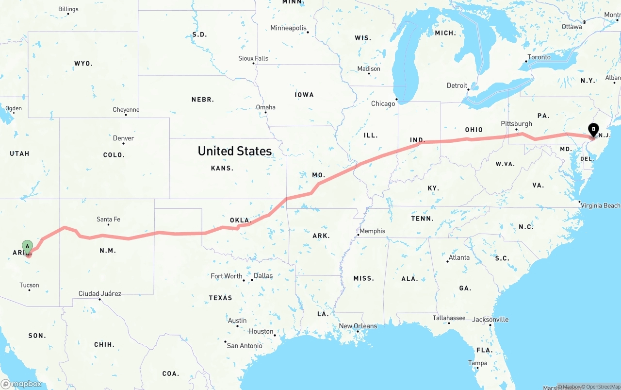 Shipping route from Arizona to Port of Philadelphia