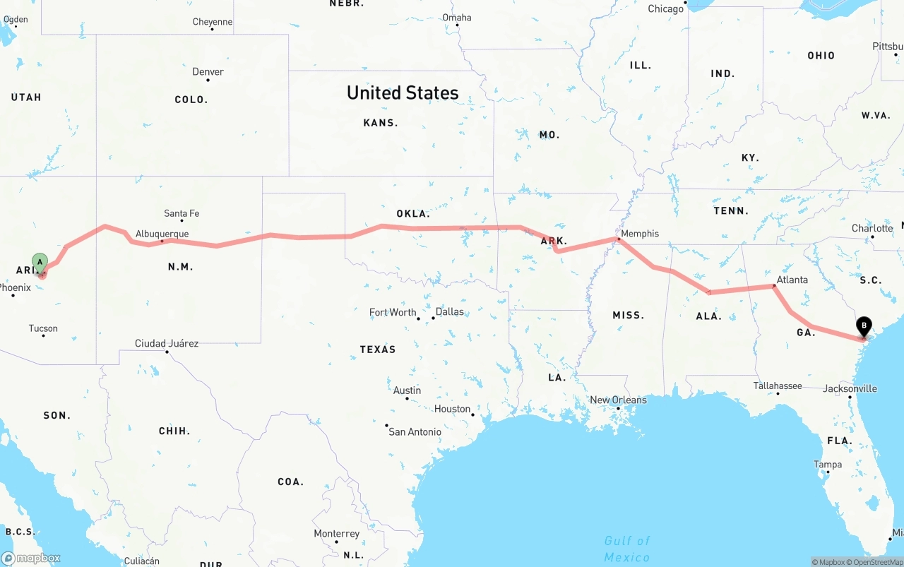 Shipping route from Arizona to Port of Savannah