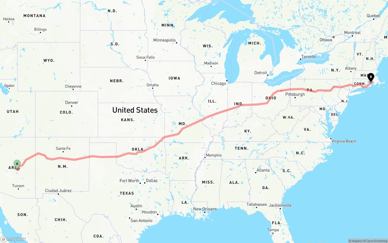 Shipping route from Arizona to Rhode Island
